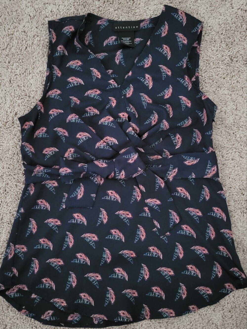 attention Black Blouse with Multicolor Feather Print